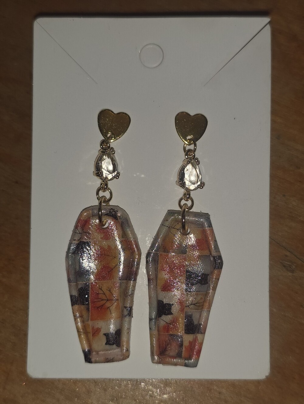 Polymer Clay Halloween Long Coffin Earrings With Rhinestone And On Heart Studs